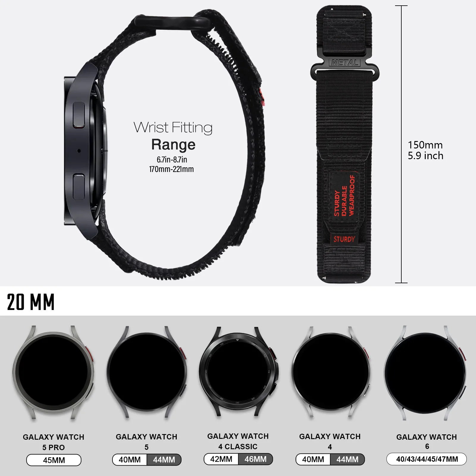 Фото Нейлоновый ремешок 20 мм/22 мм, совместимый с Samsung Galaxy Watch 6/5/5 Pro/4/3/Gear S3/S2/Active — сменный ремешок для умных часов №5