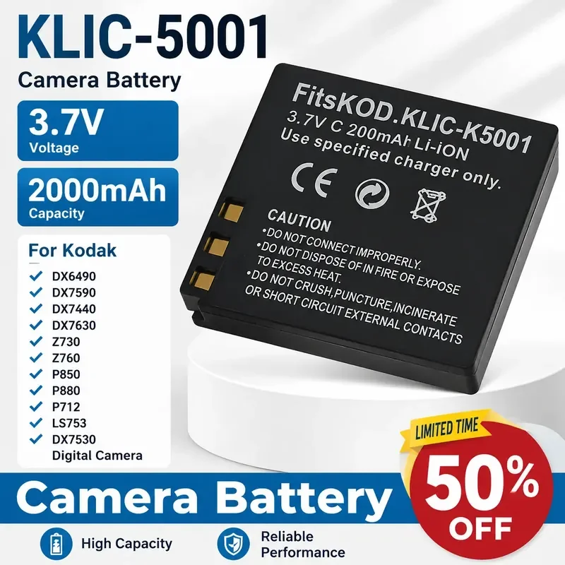 Фото Аккумулятор для камеры KLIC-5001 3.7V 2000mAh для Kodak DX6490 DX7590 DX7440 DX7630 Z730 Z760 P850 P880 P712 LS753 DX7530 Digital №1