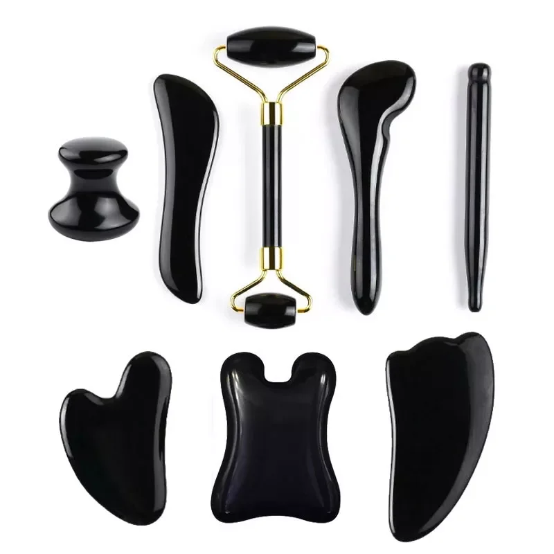

Stone Guasha Massage Gouache Scraper For Face Jade Roller Massager Set Black Obsidian Gua Sha Board Facial SkinCare Tool