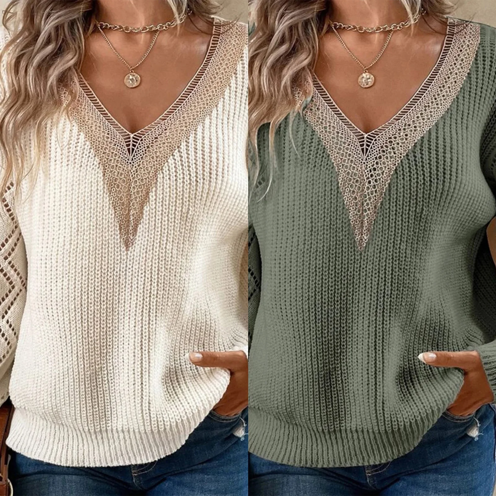 

Women V Neck Knit Sweater Pullover Lace Patchwork Jumper Casual Elegant Comfy Chic Fall Trendy Tops