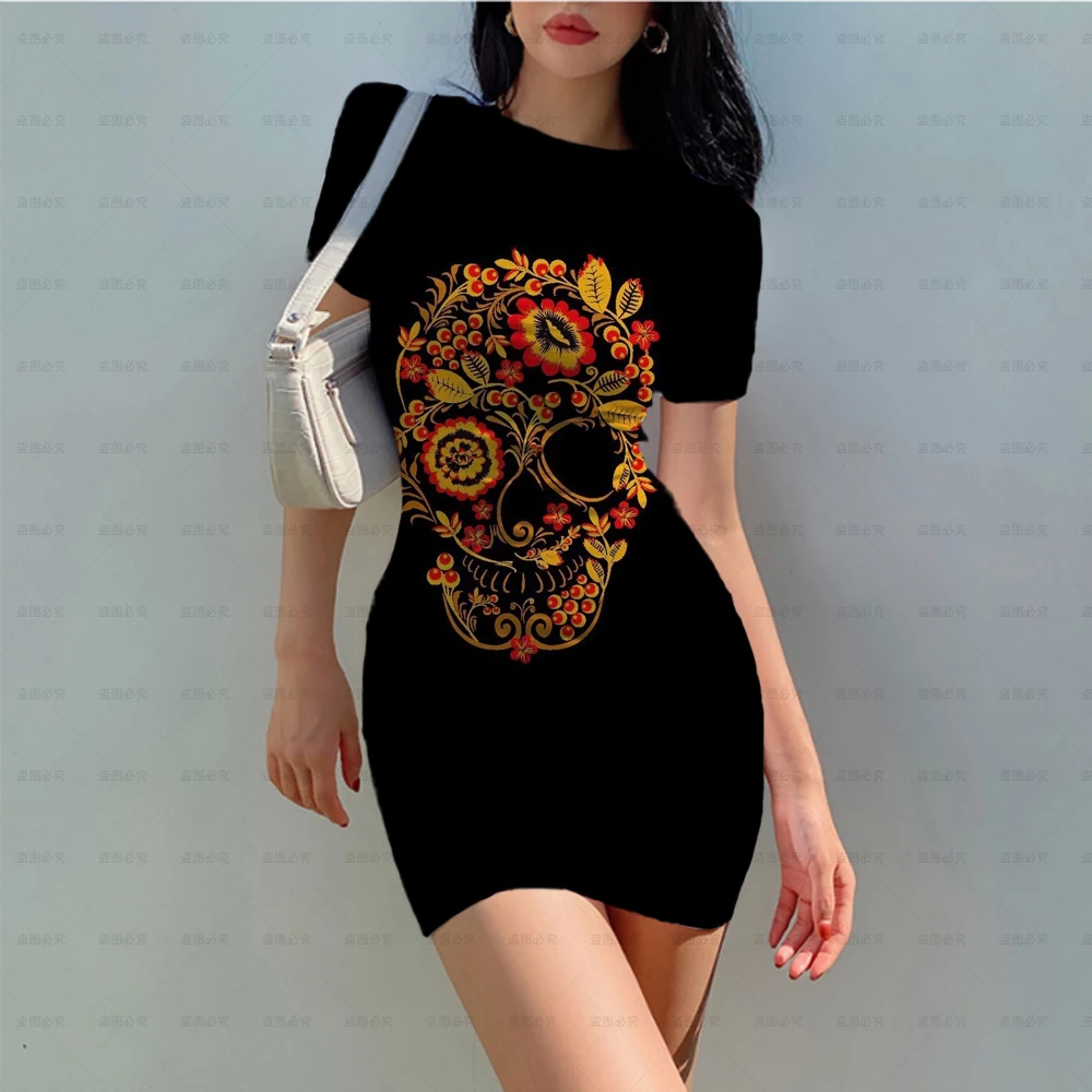 Gothic Girls Black Dresses For Women Summer 2022 Fashion Casual O-Neck Skull flower Print Sexy Short sleeve Dress Y2K Vestidos