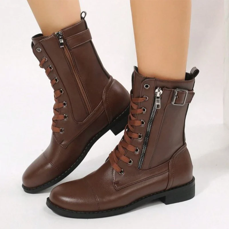 

Winter Ankle Women Motorcycle Boots Flats Designer Casual Walking Shoes 2024 New Brand Goth Fashion Cozy Gladiator Chelsea Botas