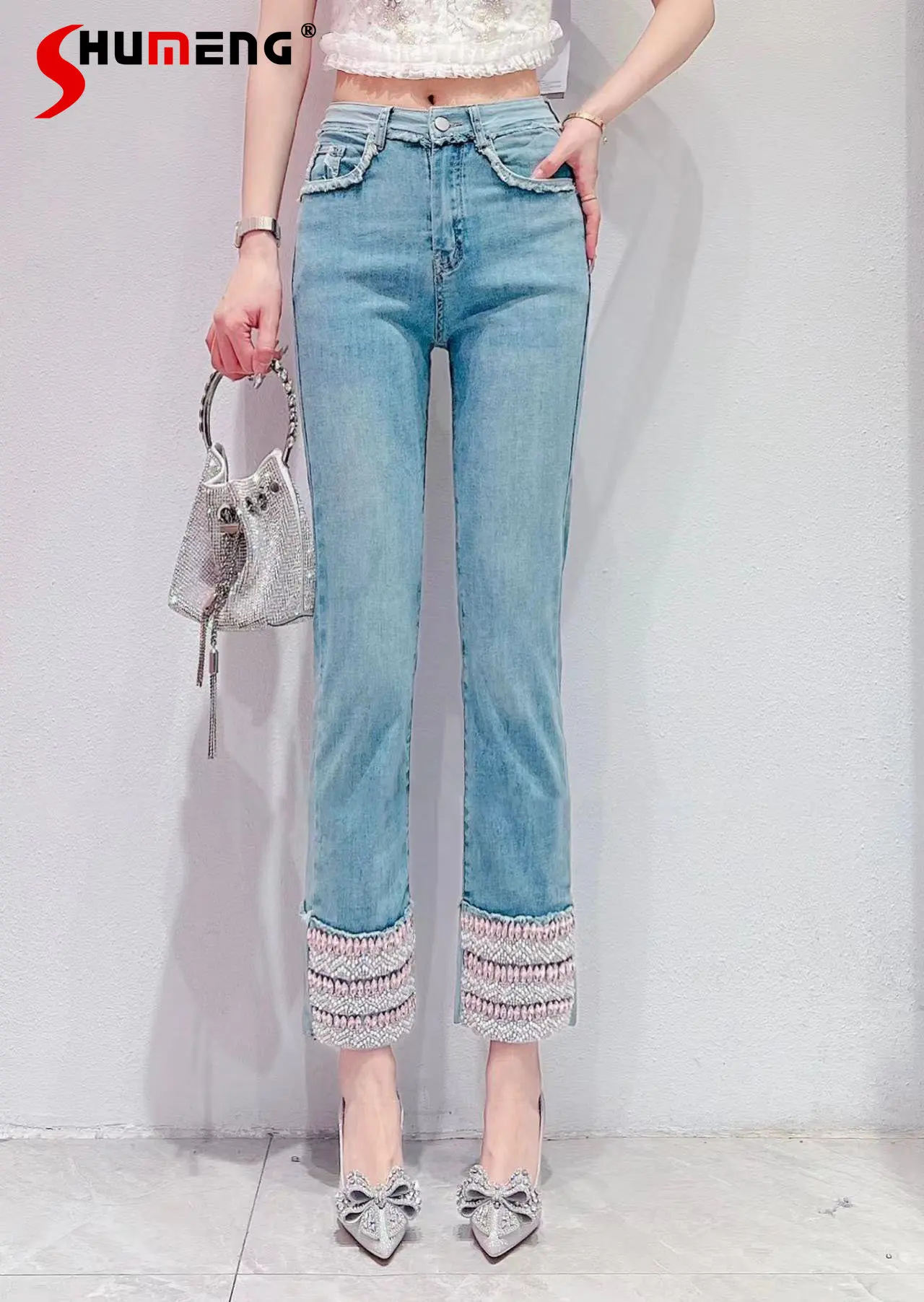 2023 Spring Summer New Heavy Industry Color Diamond All-Matching Denim Pants Slim Fit Slimming High Waist Cropped Jeans