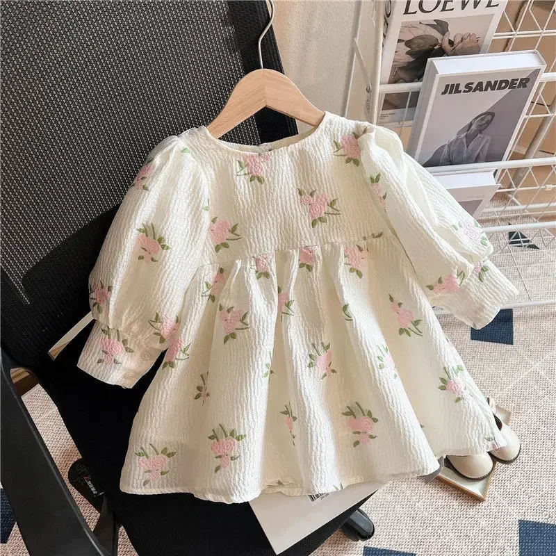

Vintage Style Spring Autumn Baby Girls Dresses White Flower Print Puff Sleeves Patchwork Pleated Princess Dresses