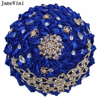 janevini sparkly crystal royal blue wedding bouquet mariage artificiel 2022 lace edge pearls rhinestone bridal ribbon flowers