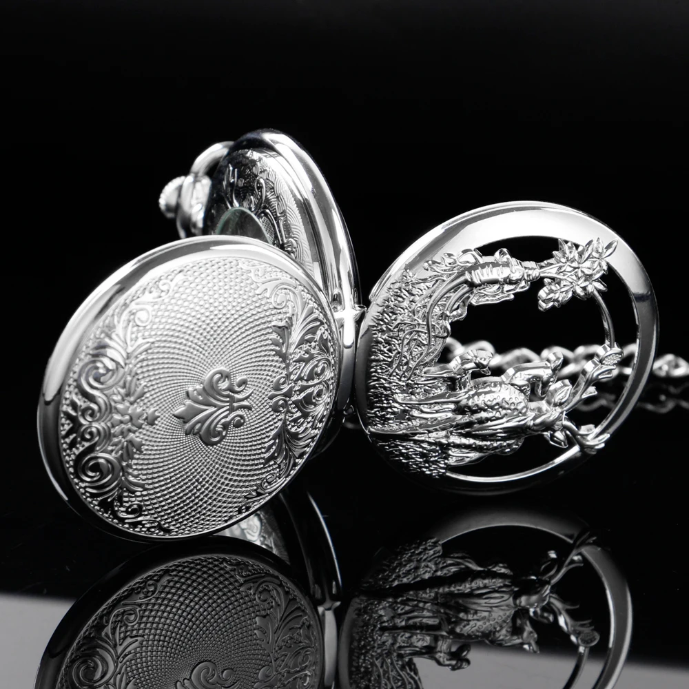 Deer Sculpture Double-Open Pocket Watch Mechanical Men's Hand Style Steam Punk Necklace Fob Watch Chain Roman Digital Clock Gift