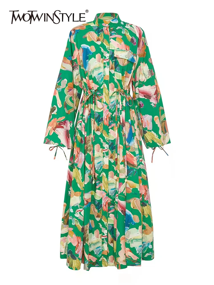 

TWOTWINSTYLE Green Print Colorblock Dress For Women Stand Collar Long Sleeve High Waist Loose Midi Dresses Female Clothing New