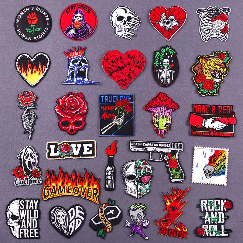 

Rose Flowers Patches On Clothes Skull Embroidered Patches For Clothing Thermoadhesive Patches Stickers DIY Badges Sewing Patch