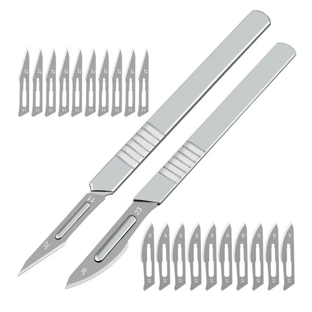 

11#23# Carbon Steel Carving Metal Blades Non-Slip Metal Knife Tools Kit 2pcs 145mm 147mm Handle 20pcs 45mm 50mm Blades Hand Tool