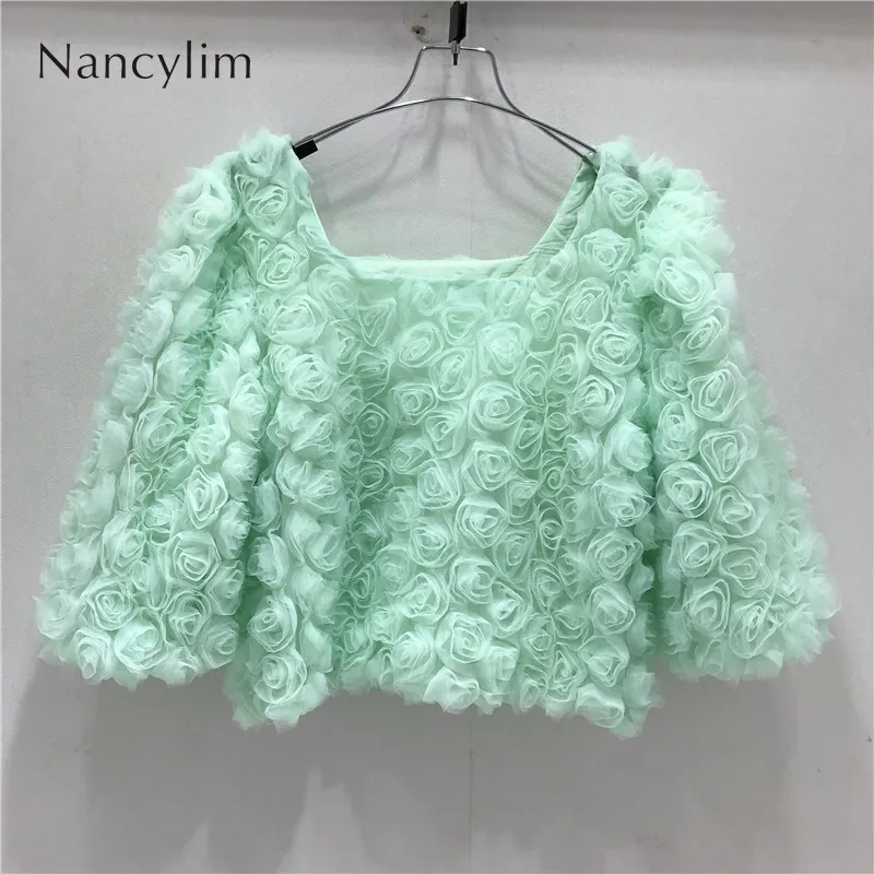 

Three-Dimensional Rose Flower Mesh Top for Women 2022 Spring New Slim Fit Short Puff Sleeve Square Collar Blouses Femme
