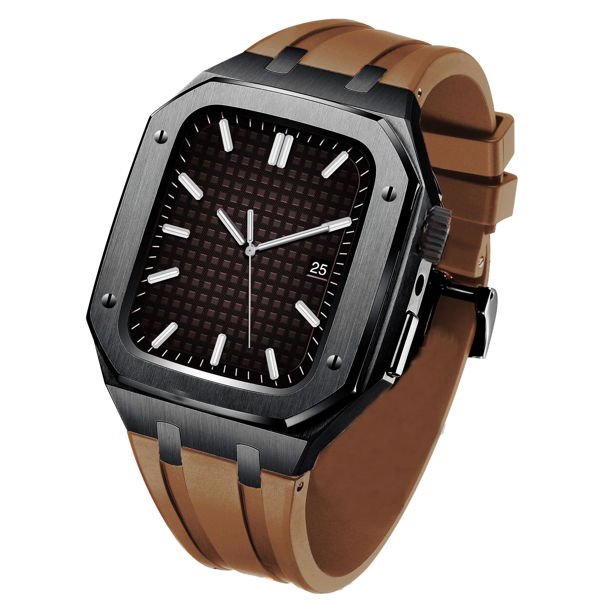 Metal Case for Apple Watch Band 45mm 44mm Rubber & Leather Watchband for IWatch Series 7 6 5 4 3 SE Correa DIY Modification Kit