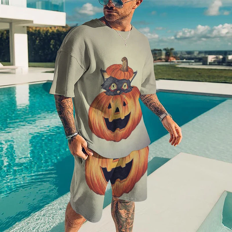 Summer Men's Casual Street Beach Shorts Set 3D Printing Color Halloween Thriller Crew Neck Street Home Short Sleeve Two-piece Se