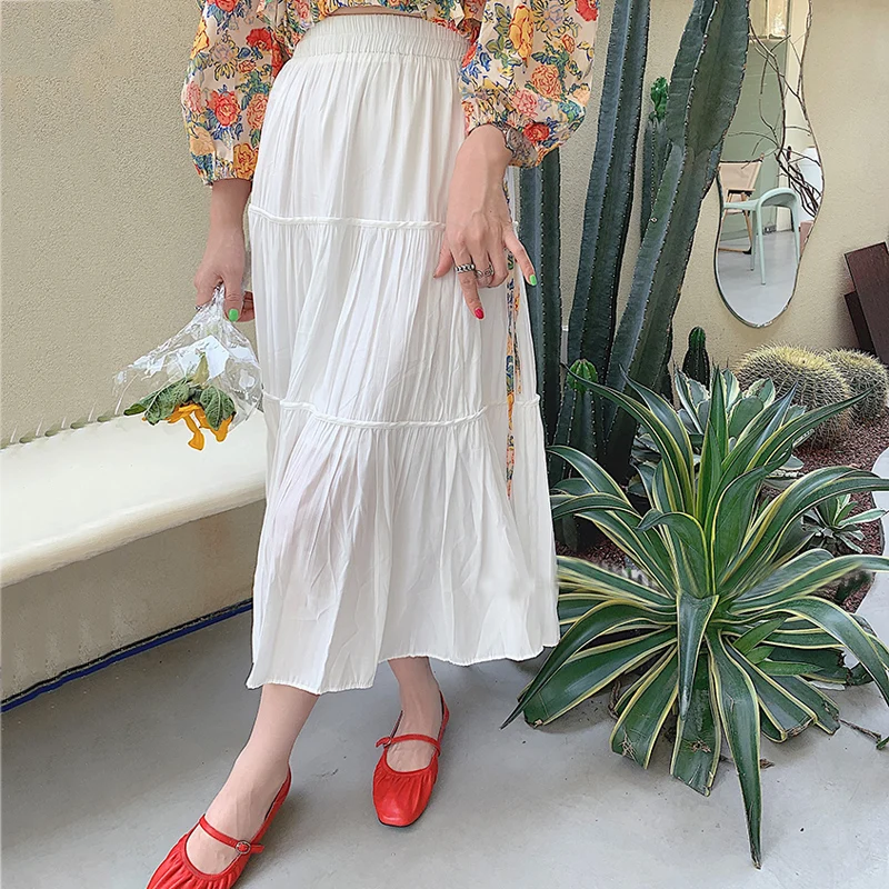

COIGARSAM Women Skirt Summer 2022 New French Style Pleated White Pitaya Color Yellow Skirts Dropshipping