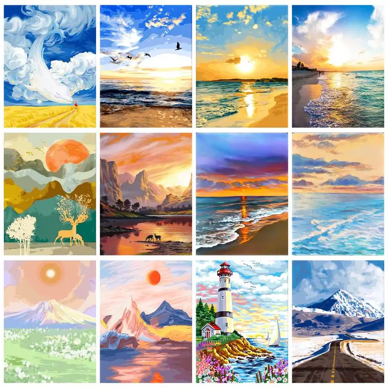 

CHENISTORY Diy Painting By Numbers Seaside Landscape Sunrise Mountain Decorative Paintings Gift For Adults Handpainted Simple