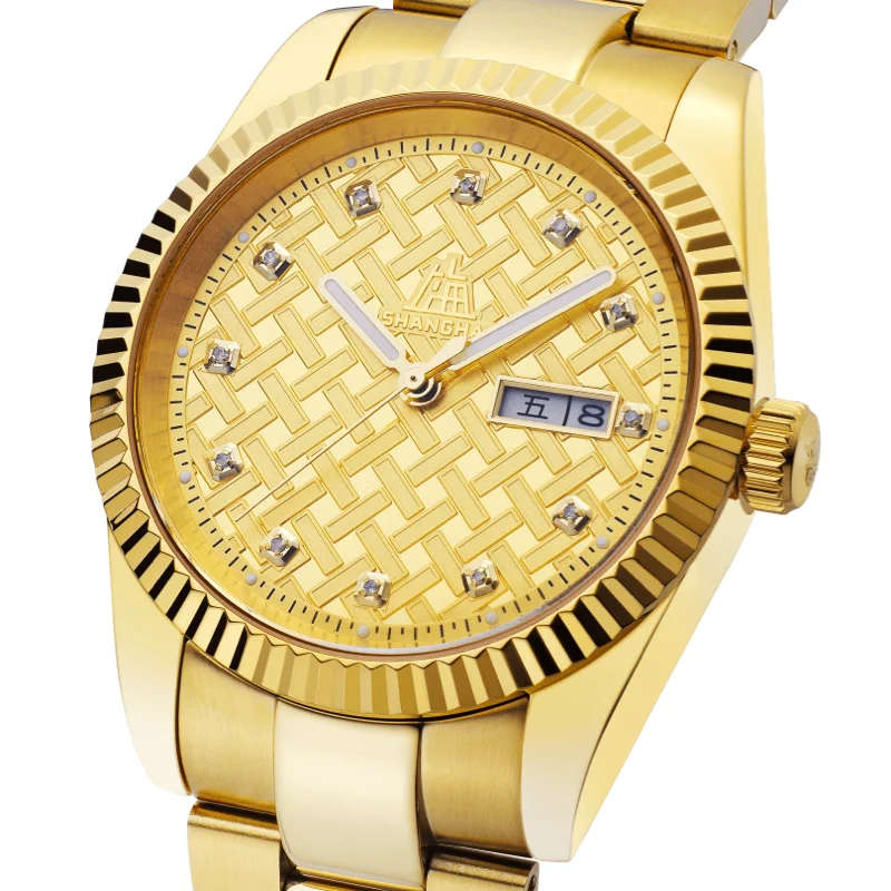 Shanghai Gold Watches Mens Luxury Stainless Steel With Calendar Warterproof Luminous Man Clock Week Wristwatch Relogio Masculino