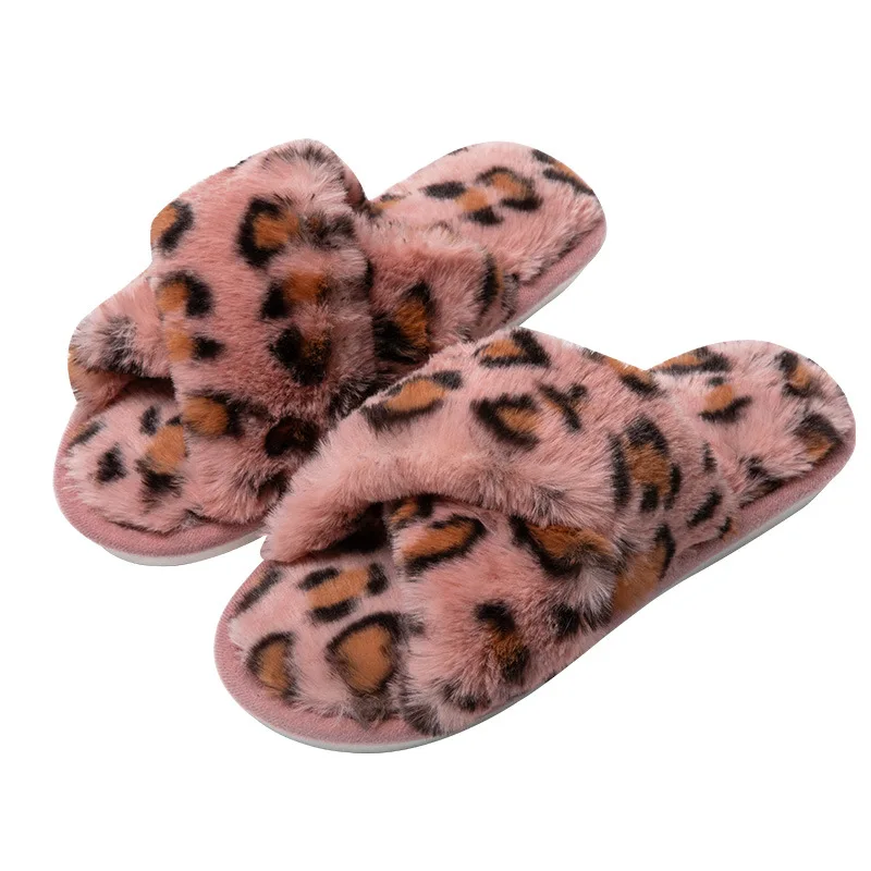 2023  Women's Cross Fur Leopard Winter Slipper Home Shoes For Female  Indoor House Floor Slippers