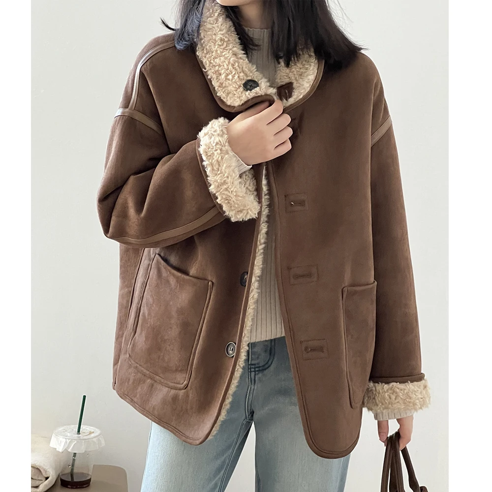 Женская зимняя замшевая куртка пальто теплая пушистая двусторонняя одежда с