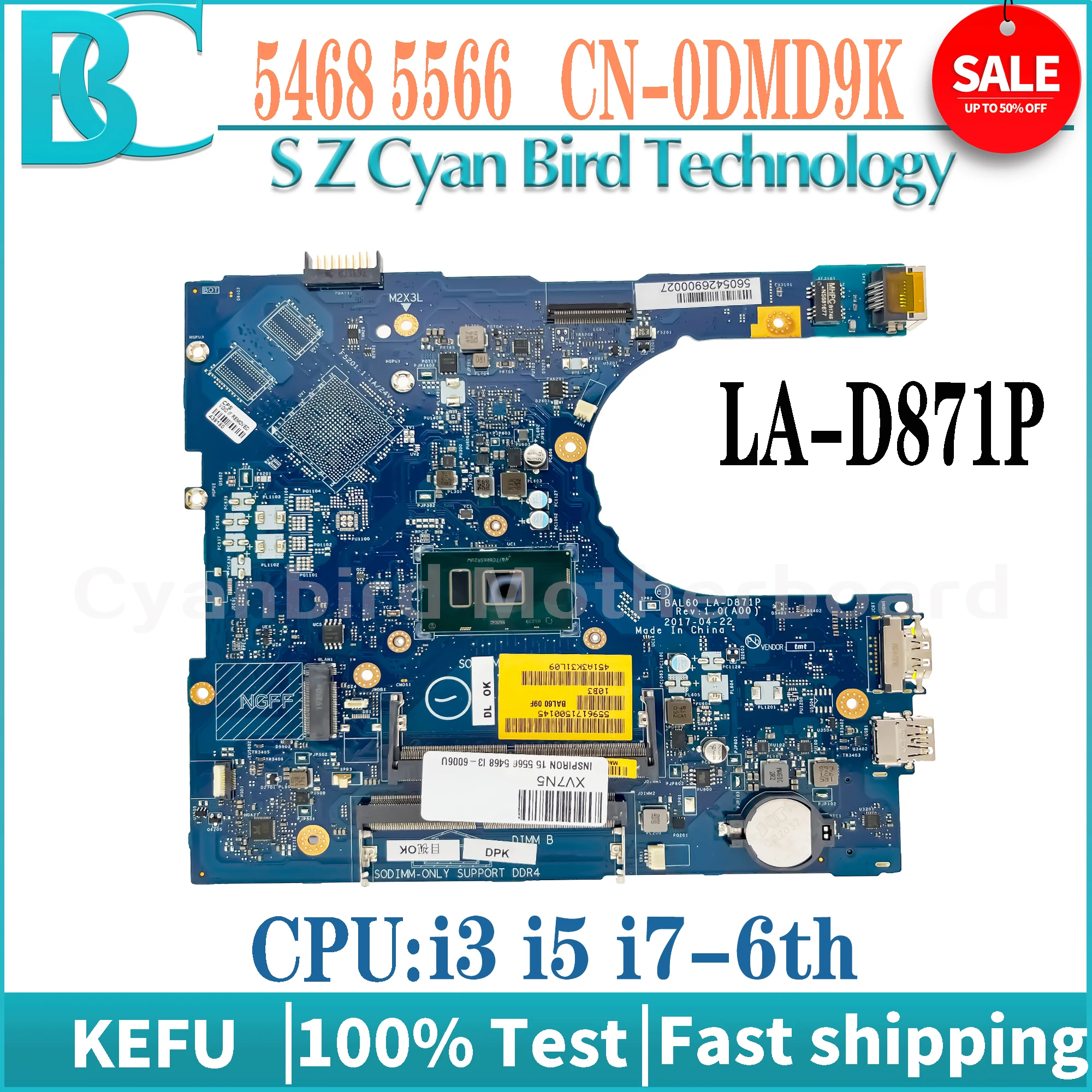 

LA-D871P is Suitable for Dell inspiron 14 5468 15 5566 Notebook Motherboard i7 i5 i3-6th CPU UAM 100% Tested