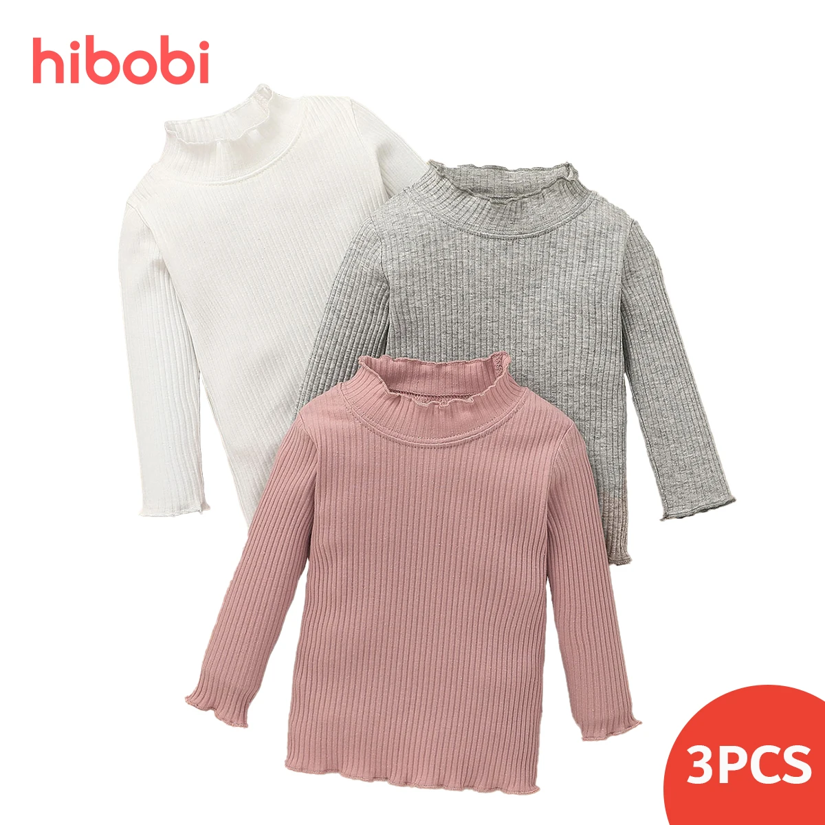 

hibobi 3-piece Baby Girl Solid Color Mock Neck Long Sleeve T-shirt for Newborn Baby Girl Clothes