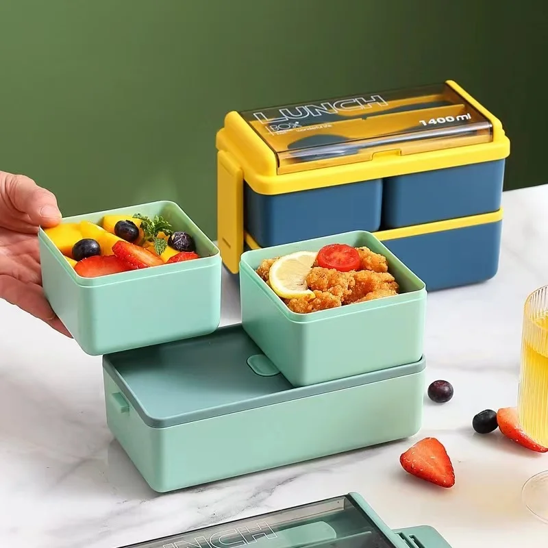 

Double layer Lunch Box Plastic Microwave Food Storage Containers Leak proof Bento Box With Tableware For School kids Office