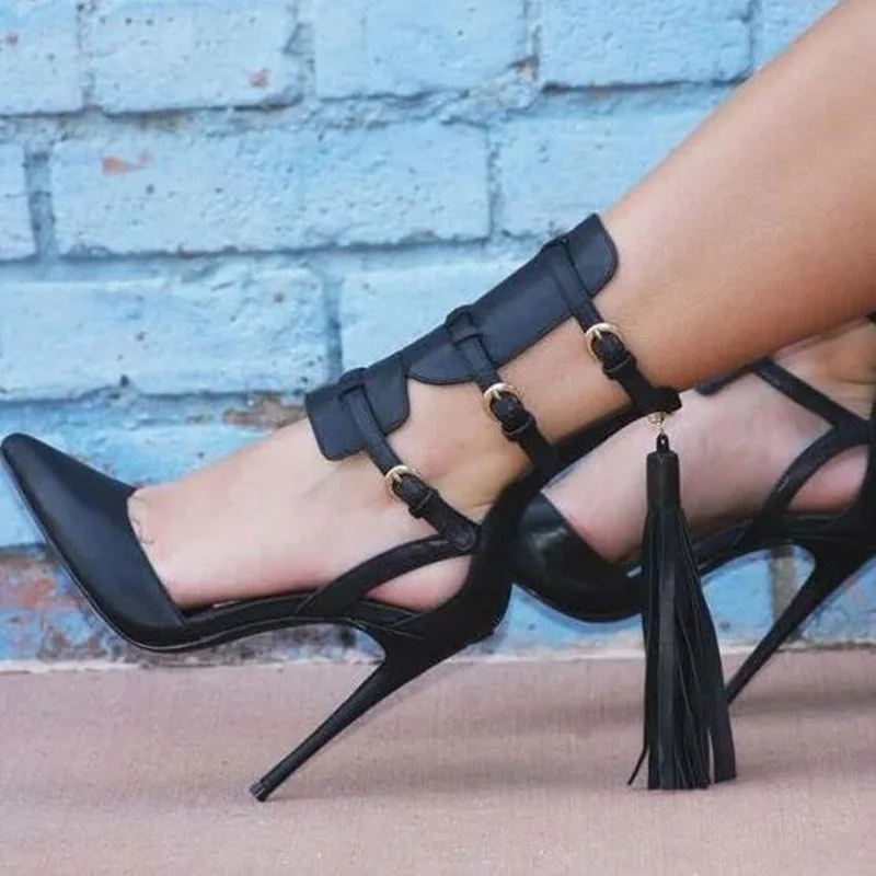 

Stylish Black Ankle Corset Back Tassel Pump Zipper Stiletto Heels Buckles Strap Shoes High Heels Pointed Toe Sexy Pumps Women