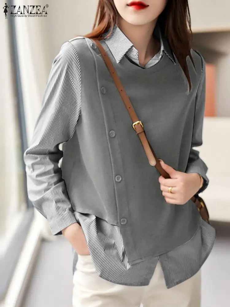 

Модель 2023 года, модная уличная рубашка ZANZEA в полоску, блузка в стиле пэчворк, рубашка с длинным рукавом и воротником с лацканами, Весенняя женская элегантная рубашка, имитация двух предметов