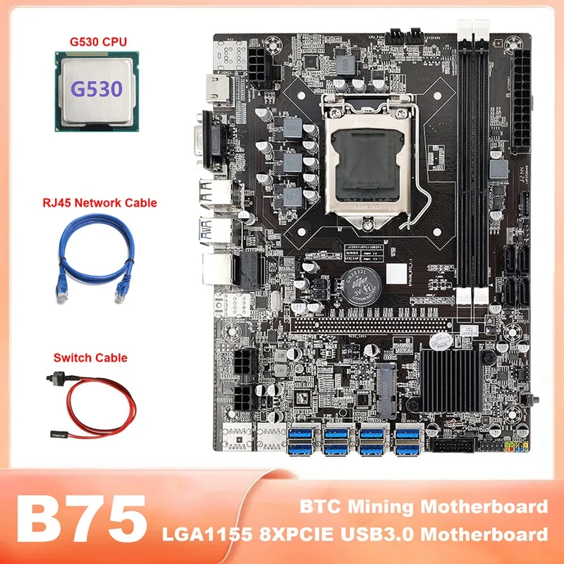 

1 комплект B75 BTC материнская плата USB3.0 Майнер материнская плата с процессором G530 + коммутационный кабель + сетевой кабель RJ45