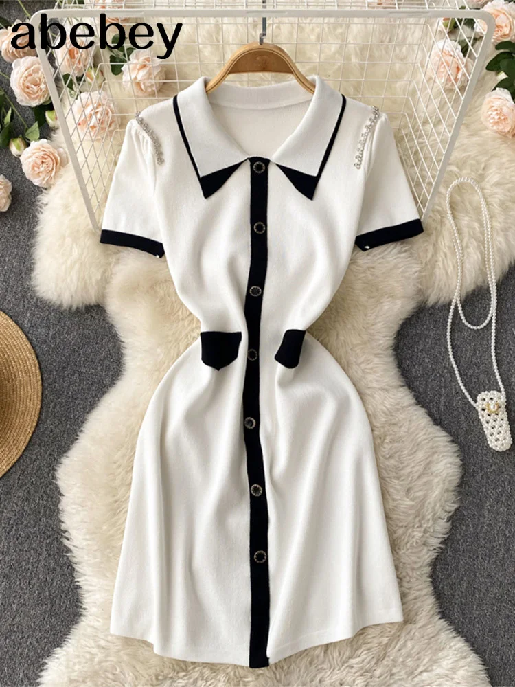 

Женское трикотажное платье с завышенной талией, белое/черное повседневное приталенное платье в винтажном стиле, Новинка лета 2022