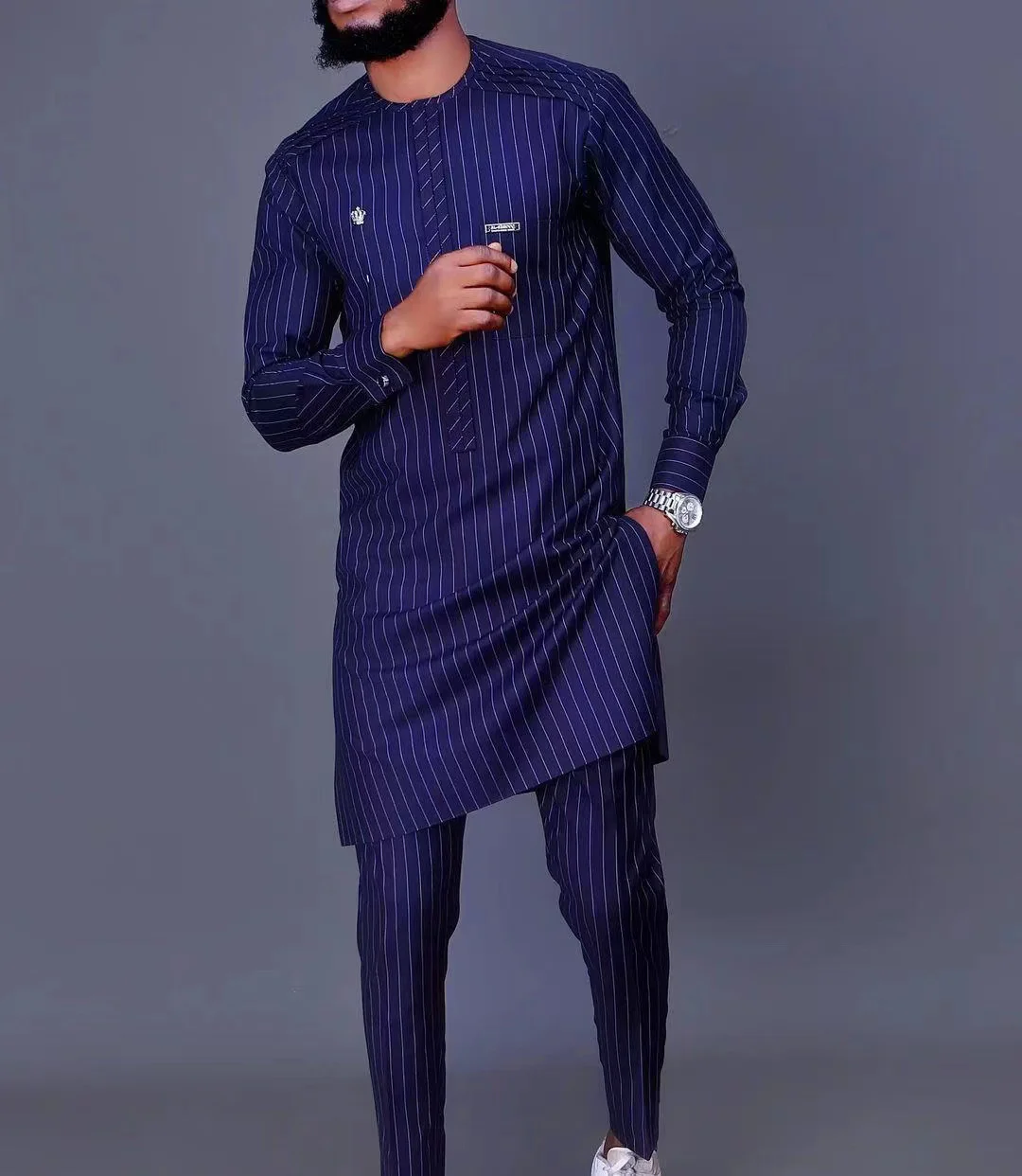 

Striped Print Lon Sleeve Settin Etnic Men's Suit Top Pants Set 2 Pieces Outfit Set men Clotin Suit Dasiki Sirt Trouser