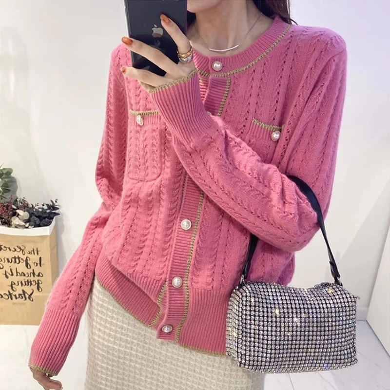 

Autumn Knit O-Neck Long Sleeve Single Breasted Sweater Coat Women Stretchy Tops Streetwear Sweater Cardigan