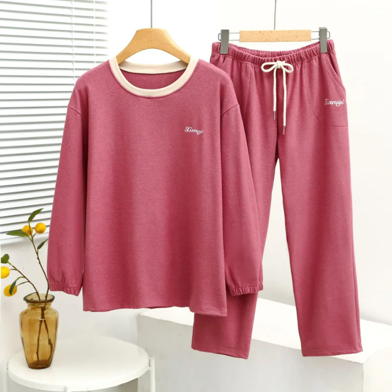 Winter Women Home Clothes Pajamas Toothpick Strips Velvet Round Neck Contrast Deep Pocket Long 2-piece Set Sleep Wear Sleepwear