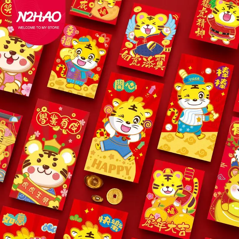 

6 шт., красный конверт для китайского праздника Весны, 2022, милый красный счастливый пакет для детских подарков в год Тигра, новогодний подаро...