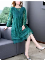 spring new womens lace organza embroidery green dresses korean version loose mid length dress plus size 3xl