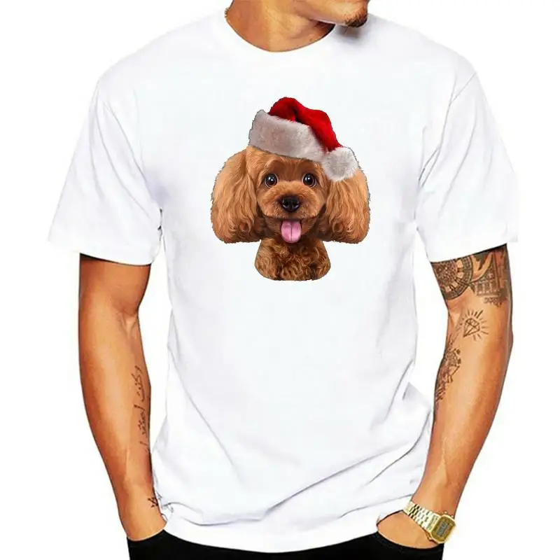 

Playful Toy Poodle Dog wearing Santa Christmas T-Shirt-Men's T-Shirt-Black(1) Claus Hat on