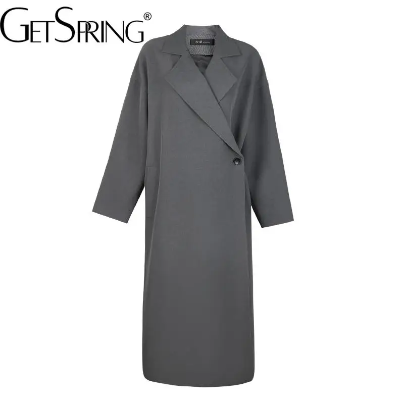 

Тренчкот GetSpring для женщин, темпераментная Длинная женская ветровка X-Long, однотонное простое Свободное длинное пальто на одной пуговице на ос...