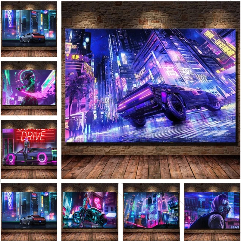 

Художественный плакат Future Sci-Fi в стиле панк, Ночной городской уличный пейзаж, технология рисования на холсте, Настенная картина, украшение д...