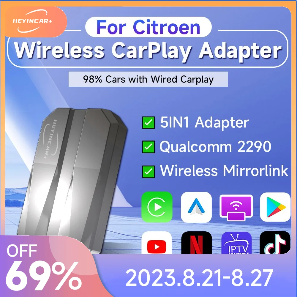 

2023 HEYINCAR 5IN1 Wired to Wireless CarPlay Android Auto Adapter For Citroen C3 C5X C5 AIRCROSS C3-XR C6 IPTV Netflix YouTube