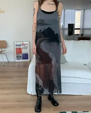 Neploe E-Girls Y2K персонализированное винтажное пляжное платье с принтом Vestidos 2000-х годов уличная одежда нишевое тонкое слегка прозрачное платье на подтяжках