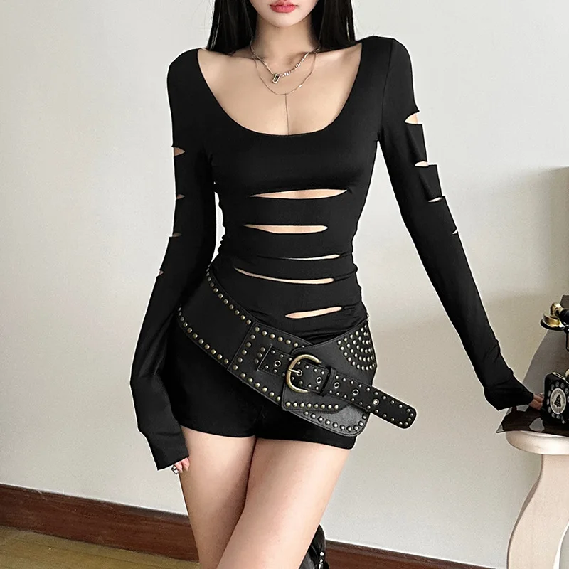 Женская черная хлопковая футболка с длинным рукавом