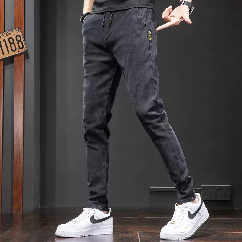 Men's Elastic Waist Black Jeans Casual Slim Fit Pencil Pants Fashion Korean Style Drawstring Denim Trousers CP2181