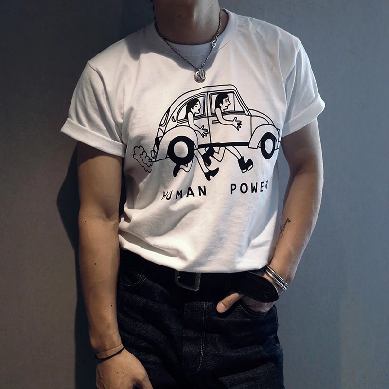 

Human Power Cartoon Print Funny Aesthetic Tshirts Unisex White Loose Short Sleeve Cotton Tops Kpop Summer Casual Graphic Tees