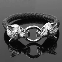vintage viking nordic fashion mythology alloy braided bracelet wolf head mens bracelet punk jewelry