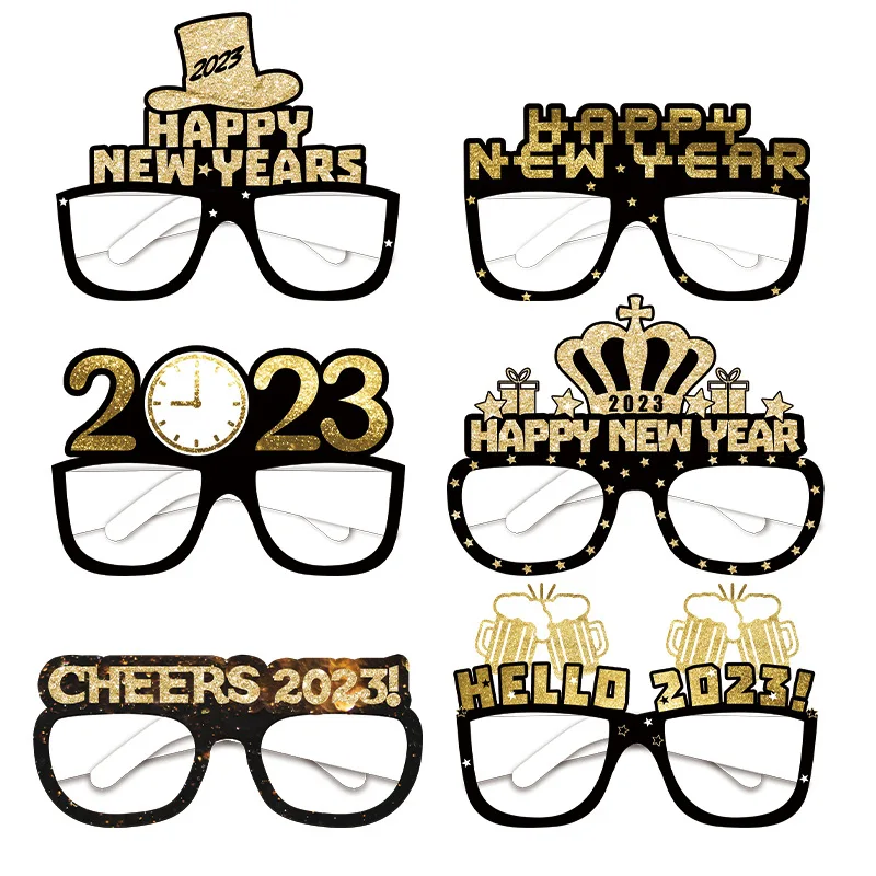 

6pcs Happy 2023 New Year Black Golden Paper Glasses Happy New Year Party Photo Props Hello 2023 Cheers 2023 Glasses Kids Favor