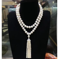 hand knotted 9 10mm white natural freshwater pearl tassel long sweater chain nelace fashion jewelry