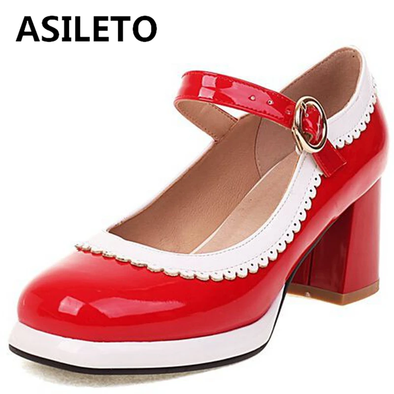 

ASILETO New Ladies Pumps Platform Round Toe Chunky Heels Buckle Strap Sweet Plus Size 30-43 Mix Color Black Red Spring S3377