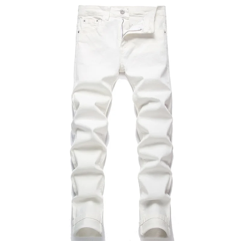 

Новинка весна-осень 2023 уличная мода однотонные облегающие эластичные узкие белые мужские джинсы со средней посадкой и пятью карманами