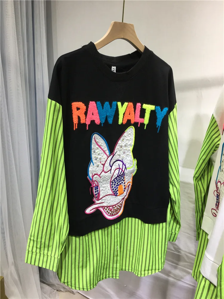 

Faux Two Piece Colorblock Women Sweatshirt All-match Autumn Winter Green Striped Cartoon Long Sleeve Mid-length Hoodies Top