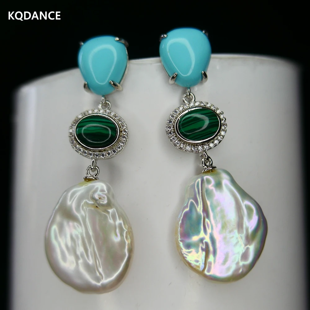 

KQDANCE Silver Gold Plated Blue Turquoise Green malachite White Natural Baroque Freshwater Pearl Long Earrings For Women Jewelry