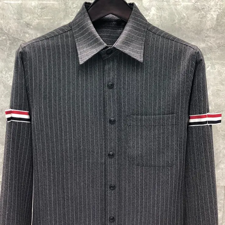 TB Shirts Men Grey Stripes New Shirts Slim Black Long Sleeve Striped Casual Shirt Turn Down Collar Cotton Solid Men's Clothing
