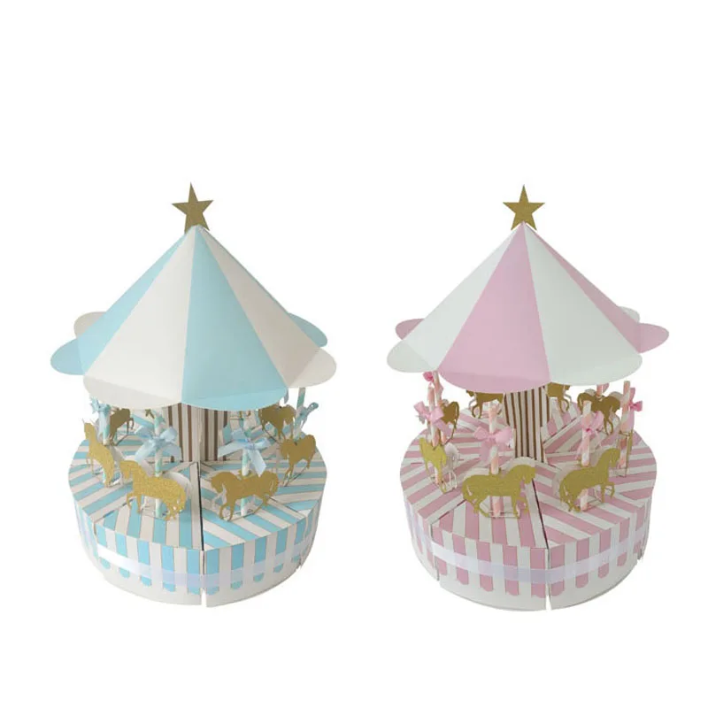 10Pcs Cakes Pastries Box Pink Blue Carousel Gift Box For Candies Snacks Chocolate Wedding Birthday Baby Shower Baptism Favor